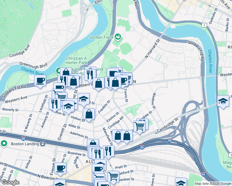 map of restaurants, bars, coffee shops, grocery stores, and more near in Boston