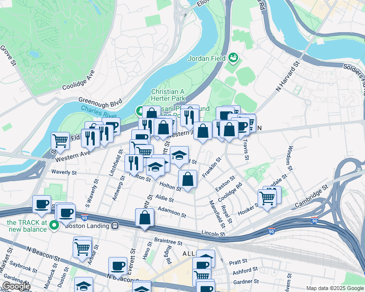 map of restaurants, bars, coffee shops, grocery stores, and more near 287 Western Avenue in Boston
