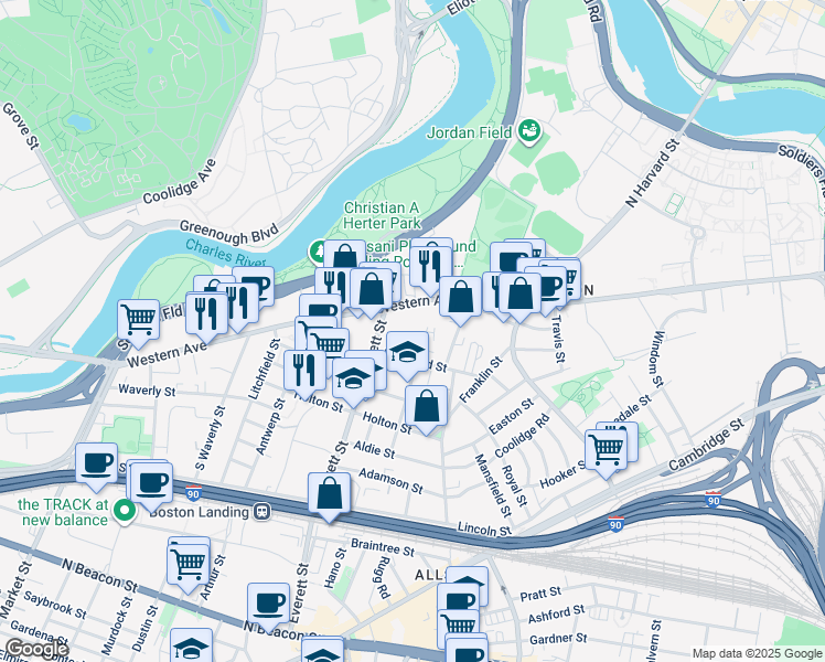 map of restaurants, bars, coffee shops, grocery stores, and more near 287 Western Avenue in Boston