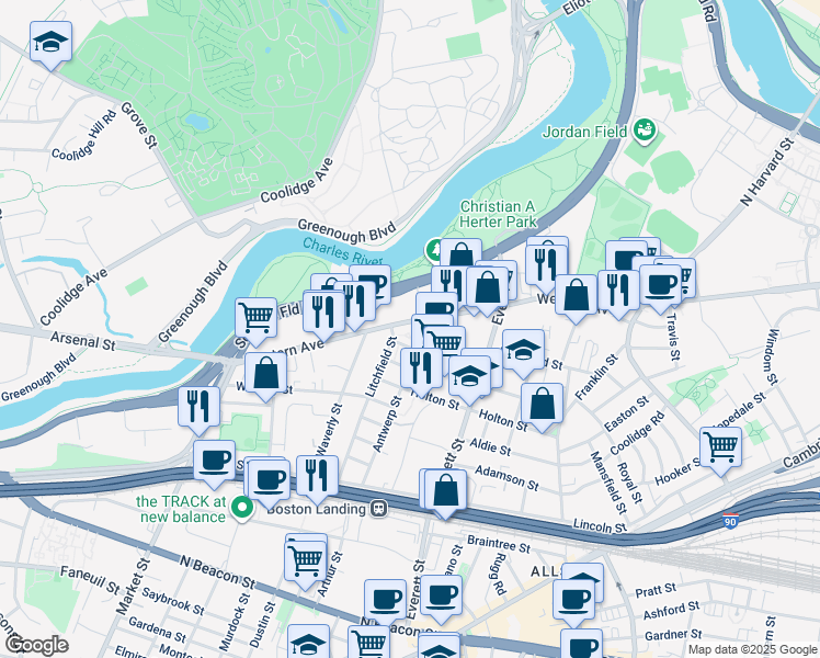 map of restaurants, bars, coffee shops, grocery stores, and more near 387 Western Avenue in Boston