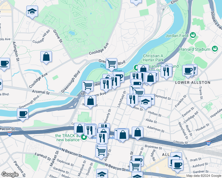 map of restaurants, bars, coffee shops, grocery stores, and more near 1360 Soldiers Field Road in Boston