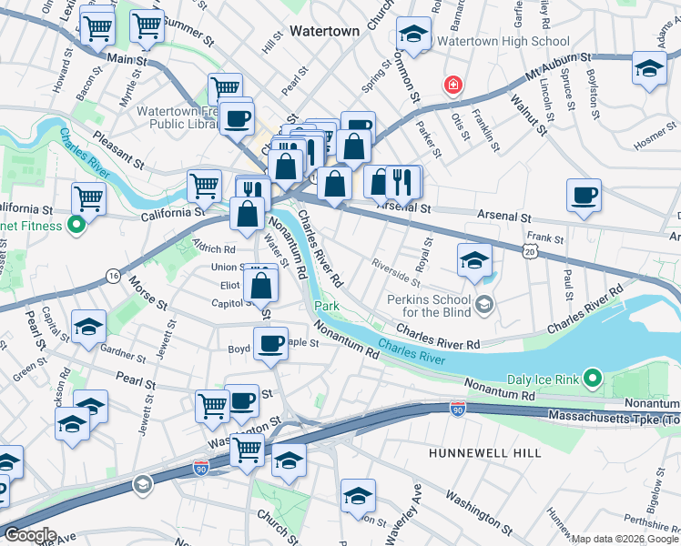 map of restaurants, bars, coffee shops, grocery stores, and more near 18 Wheeler Lane in Watertown