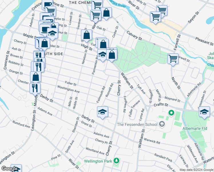 map of restaurants, bars, coffee shops, grocery stores, and more near 39 Berkshire Road in Waltham
