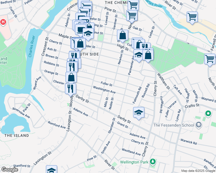 map of restaurants, bars, coffee shops, grocery stores, and more near 48 Fuller Street in Waltham