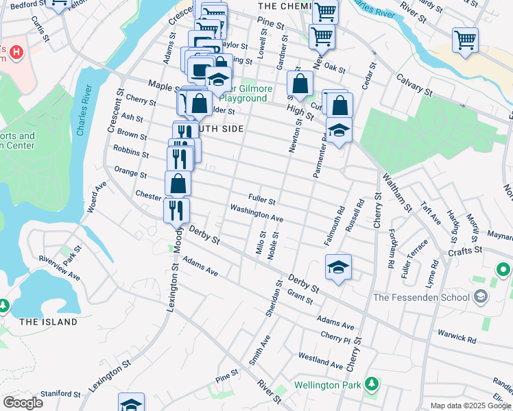 map of restaurants, bars, coffee shops, grocery stores, and more near 20 Fuller Street in Waltham