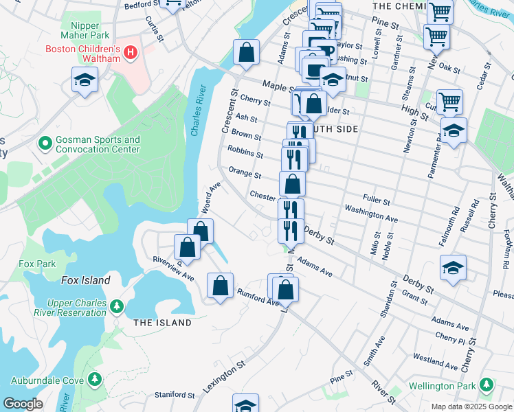 map of restaurants, bars, coffee shops, grocery stores, and more near 21 Chester Avenue in Waltham
