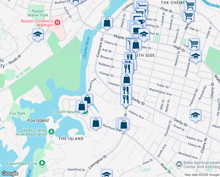 map of restaurants, bars, coffee shops, grocery stores, and more near 21 Chester Avenue in Waltham