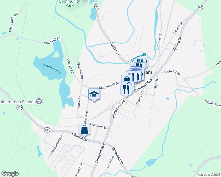 map of restaurants, bars, coffee shops, grocery stores, and more near 41 Kinderhook Street in Chatham