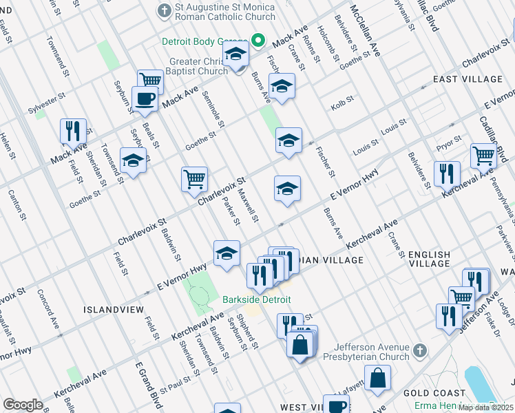 map of restaurants, bars, coffee shops, grocery stores, and more near 2504 Seminole Street in Detroit