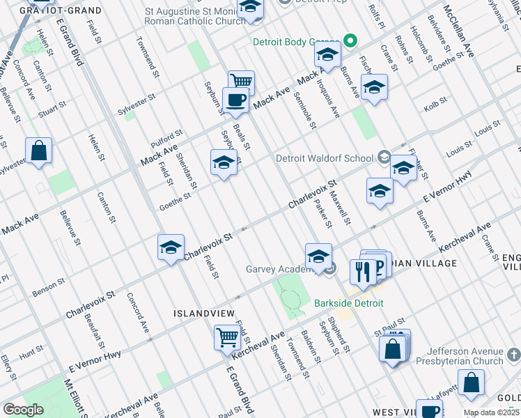 map of restaurants, bars, coffee shops, grocery stores, and more near 2970 Seyburn Street in Detroit