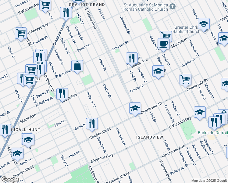 map of restaurants, bars, coffee shops, grocery stores, and more near 3268 Canton Street in Detroit
