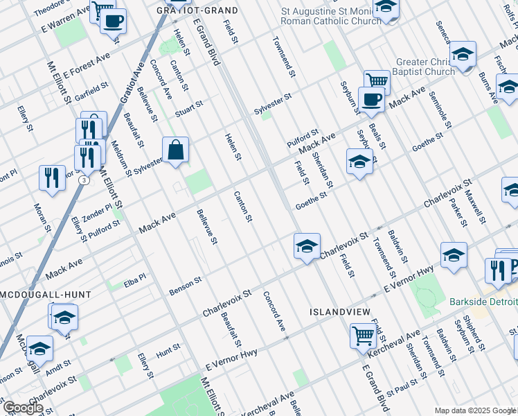 map of restaurants, bars, coffee shops, grocery stores, and more near 3268 Canton Street in Detroit