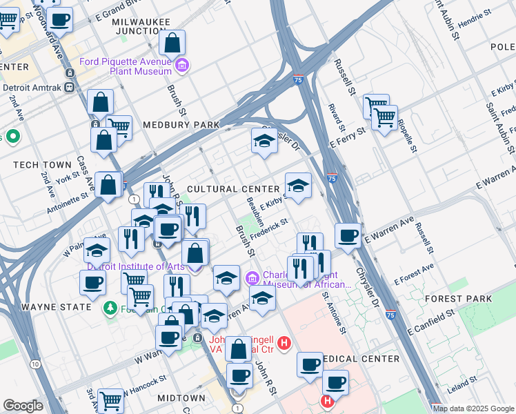 map of restaurants, bars, coffee shops, grocery stores, and more near 5440 Beaubien Boulevard in Detroit
