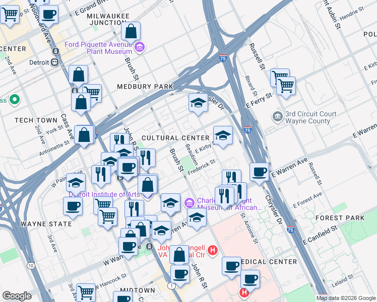 map of restaurants, bars, coffee shops, grocery stores, and more near 5440 Beaubien Boulevard in Detroit