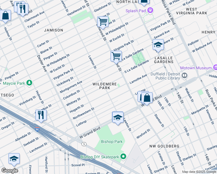 map of restaurants, bars, coffee shops, grocery stores, and more near 2730 Whitney Street in Detroit
