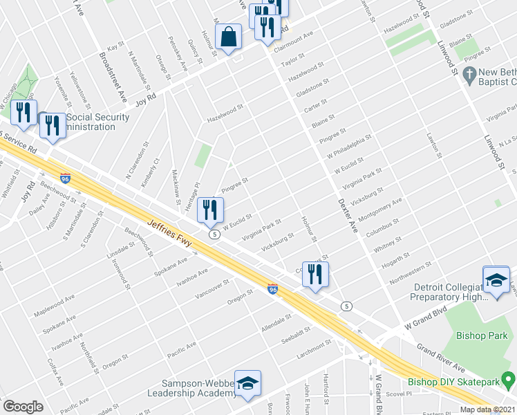 map of restaurants, bars, coffee shops, grocery stores, and more near 4109 West Philadelphia Street in Detroit