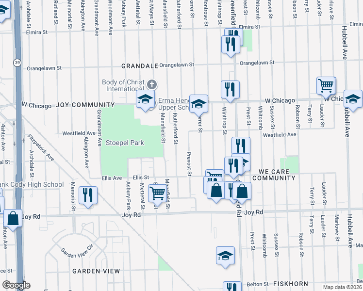 map of restaurants, bars, coffee shops, grocery stores, and more near 9224 Rutherford Street in Detroit