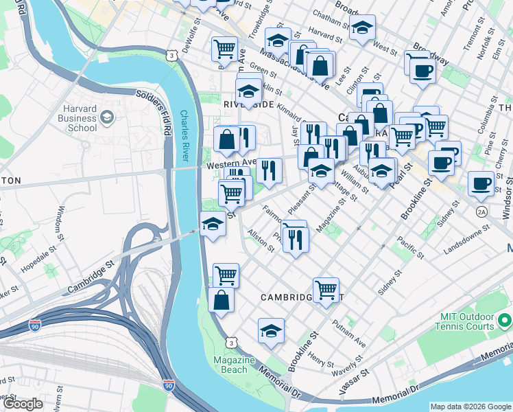 map of restaurants, bars, coffee shops, grocery stores, and more near 241 River Street in Cambridge
