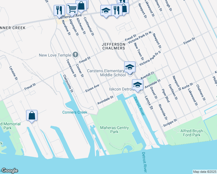 map of restaurants, bars, coffee shops, grocery stores, and more near 471 Kitchener Street in Detroit