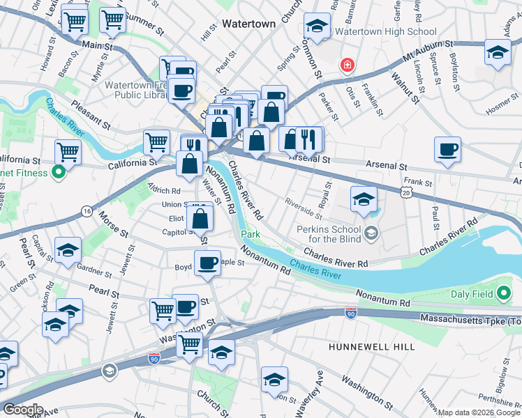 map of restaurants, bars, coffee shops, grocery stores, and more near 18 Wheeler Lane in Watertown