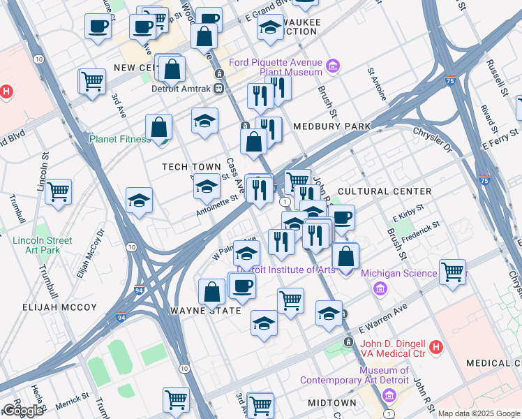 map of restaurants, bars, coffee shops, grocery stores, and more near 5800 Cass Avenue in Detroit