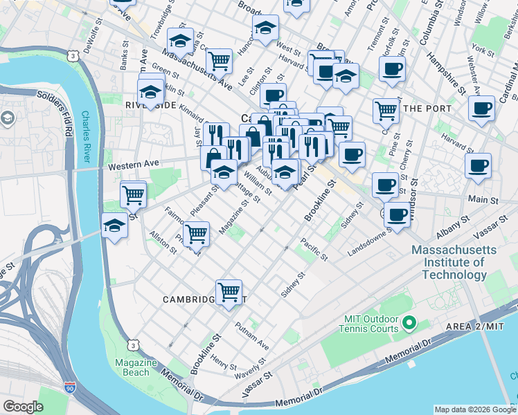 map of restaurants, bars, coffee shops, grocery stores, and more near 21 Cottage Street in Cambridge