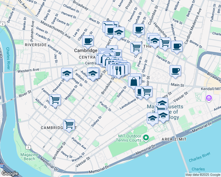 map of restaurants, bars, coffee shops, grocery stores, and more near 140 Franklin Street in Cambridge