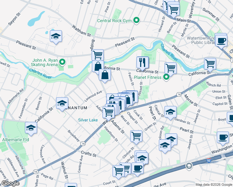map of restaurants, bars, coffee shops, grocery stores, and more near 61r Chapel Street in Newton