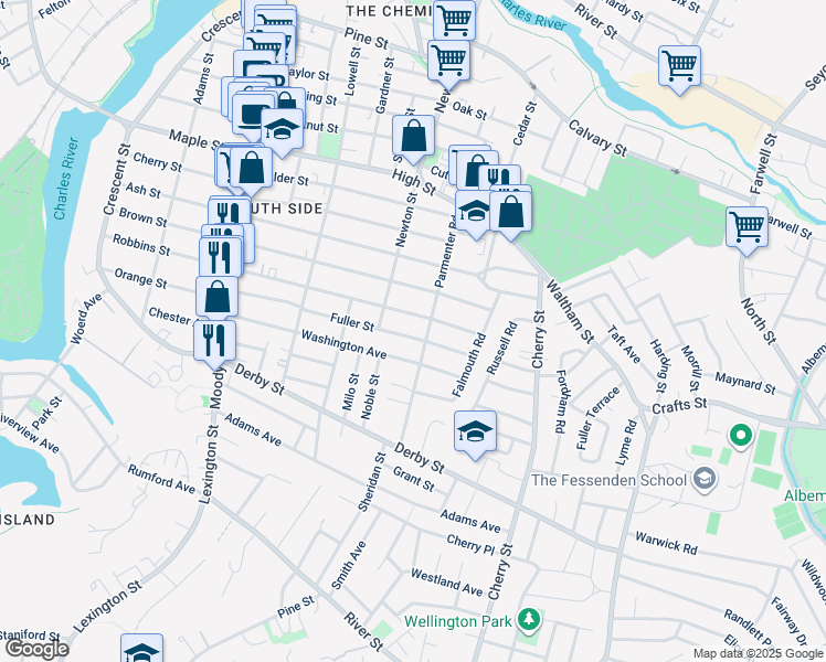 map of restaurants, bars, coffee shops, grocery stores, and more near 90 Fuller Street in Waltham