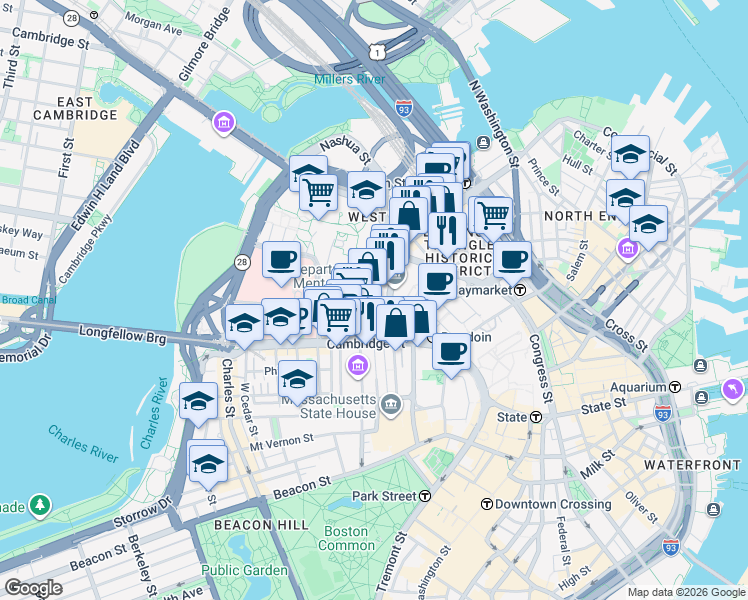 map of restaurants, bars, coffee shops, grocery stores, and more near 50 Staniford Street in Boston