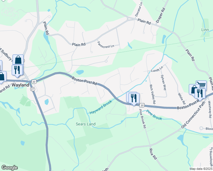 map of restaurants, bars, coffee shops, grocery stores, and more near 2 Springhill Road in Wayland