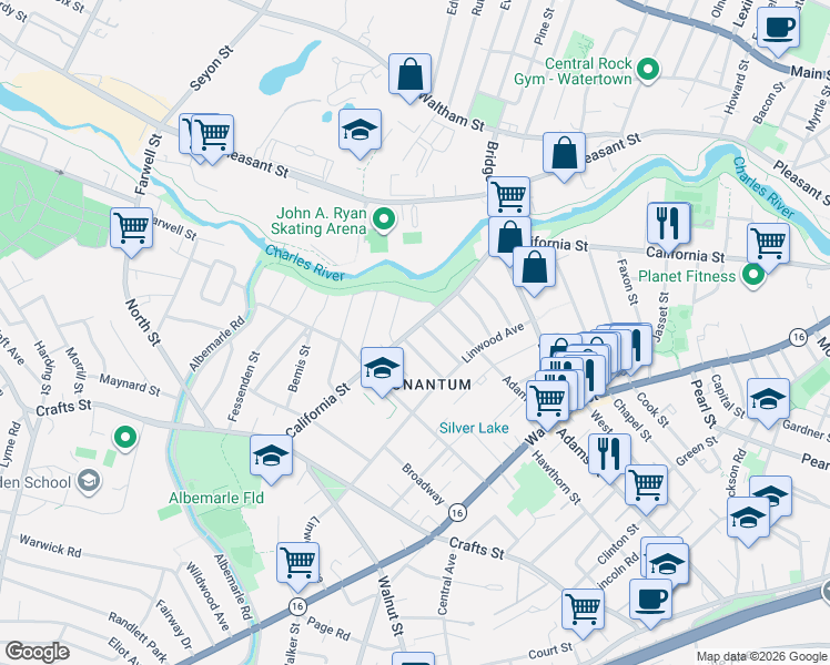 map of restaurants, bars, coffee shops, grocery stores, and more near 482 California Street in Newton