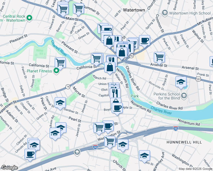 map of restaurants, bars, coffee shops, grocery stores, and more near 23 Union Street in Watertown