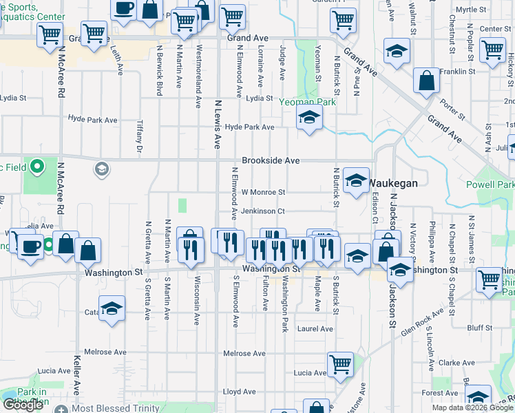 map of restaurants, bars, coffee shops, grocery stores, and more near 1711 West Monroe Street in Waukegan