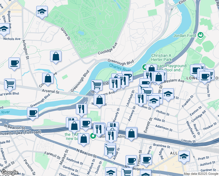 map of restaurants, bars, coffee shops, grocery stores, and more near 1380 Soldiers Field Road in Boston