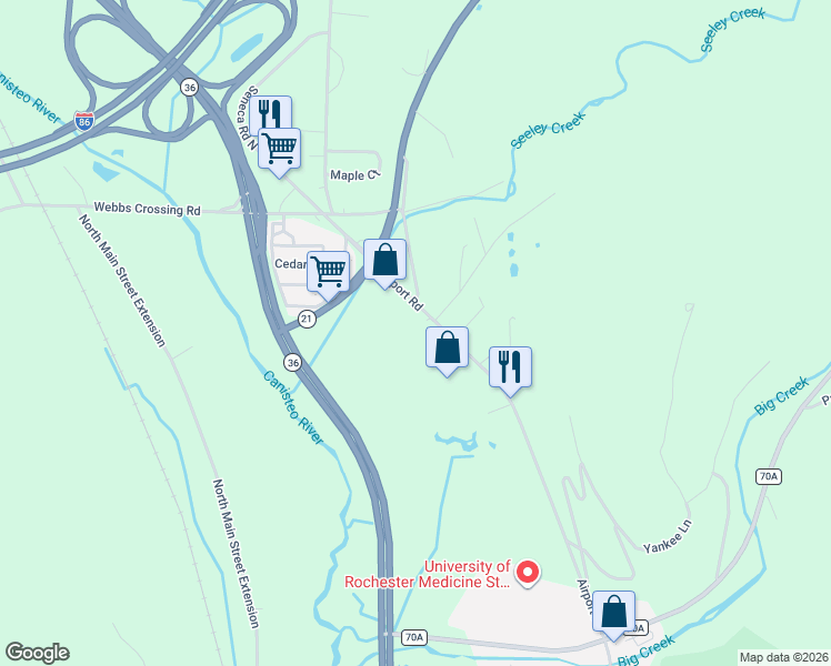 map of restaurants, bars, coffee shops, grocery stores, and more near 7459 Seneca Road North in Hornell