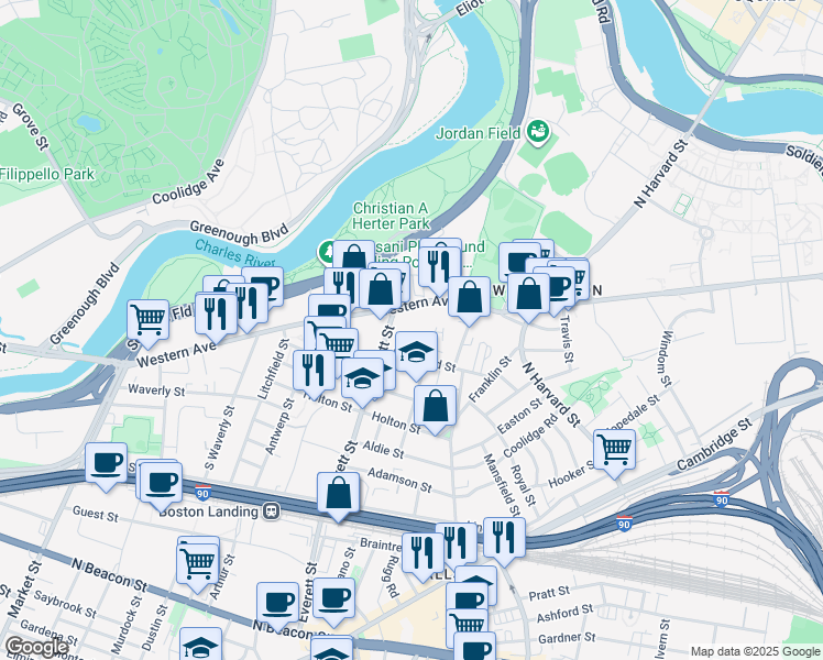 map of restaurants, bars, coffee shops, grocery stores, and more near 287 Western Avenue in Boston