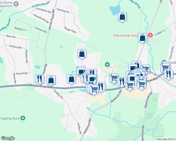map of restaurants, bars, coffee shops, grocery stores, and more near 1 Farmstead Lane in Sudbury