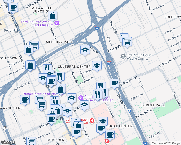 map of restaurants, bars, coffee shops, grocery stores, and more near 575 East Kirby Street in Detroit