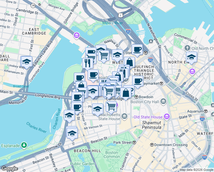 map of restaurants, bars, coffee shops, grocery stores, and more near 33 Blossom Street in Boston