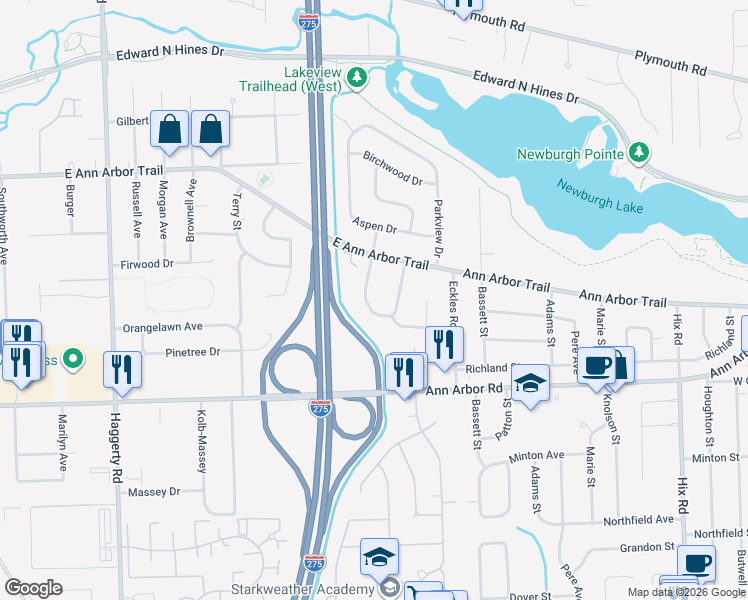 map of restaurants, bars, coffee shops, grocery stores, and more near 39670 Greenview Place in Plymouth