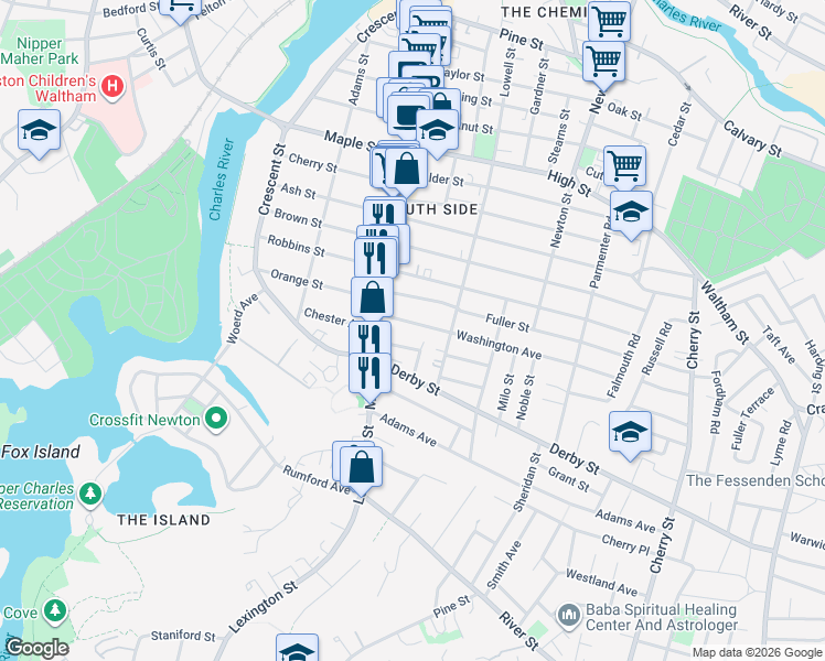 map of restaurants, bars, coffee shops, grocery stores, and more near 16 Washington Avenue in Waltham