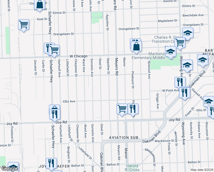 map of restaurants, bars, coffee shops, grocery stores, and more near 9207 Appoline Street in Detroit