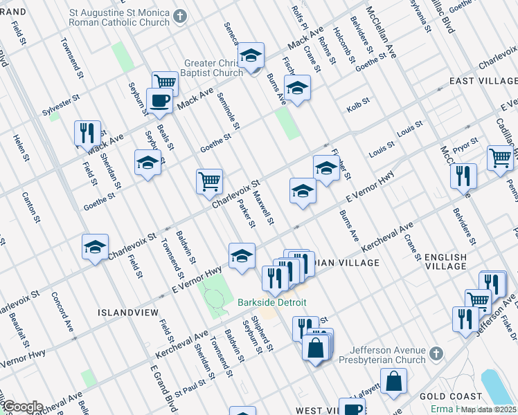 map of restaurants, bars, coffee shops, grocery stores, and more near 2549 Maxwell Street in Detroit