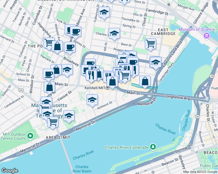 map of restaurants, bars, coffee shops, grocery stores, and more near 1 Cambridge Center in Cambridge