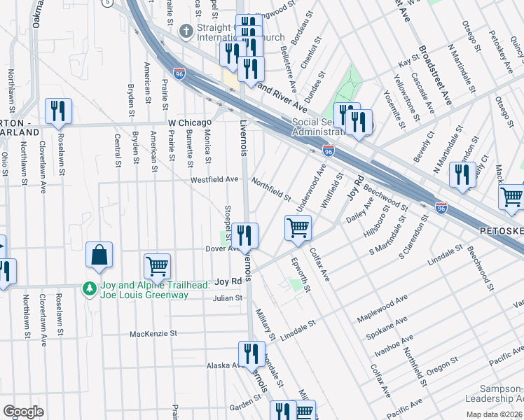 map of restaurants, bars, coffee shops, grocery stores, and more near 5545 Ridgewood Street in Detroit