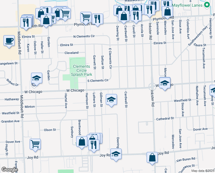 map of restaurants, bars, coffee shops, grocery stores, and more near 28115 South Clements Circle in Livonia