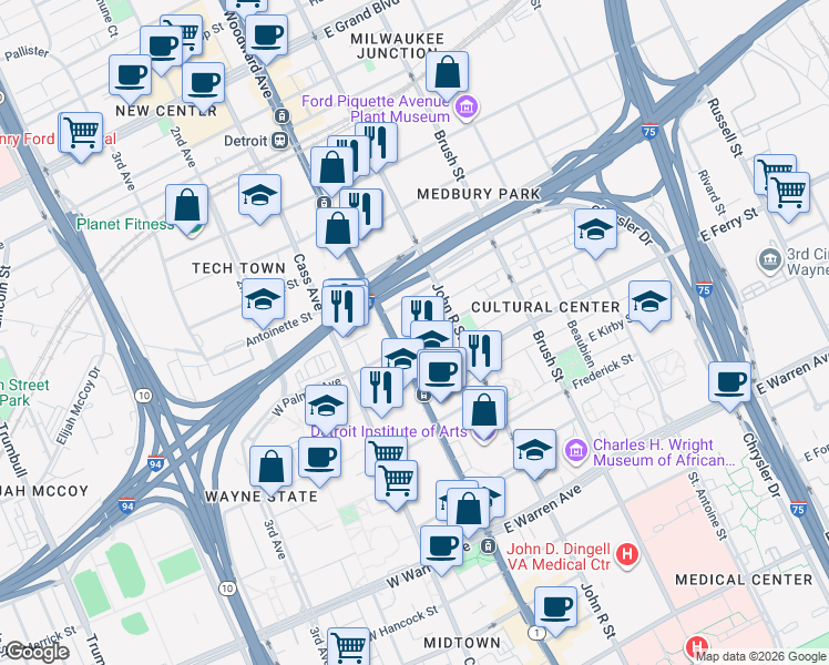 map of restaurants, bars, coffee shops, grocery stores, and more near 25 East Palmer Street in Detroit