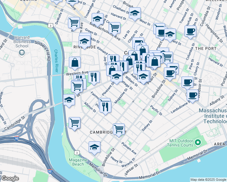 map of restaurants, bars, coffee shops, grocery stores, and more near 23A Kelly Road in Cambridge
