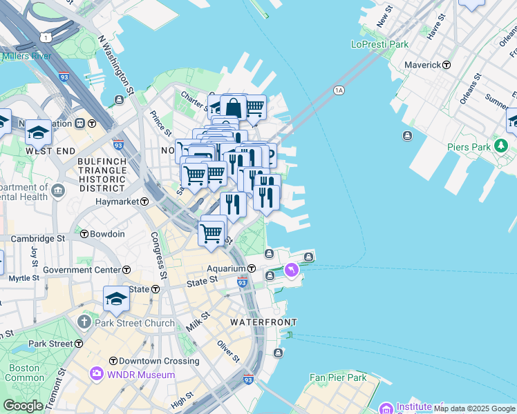 map of restaurants, bars, coffee shops, grocery stores, and more near 34-38 Atlantic Avenue in Boston